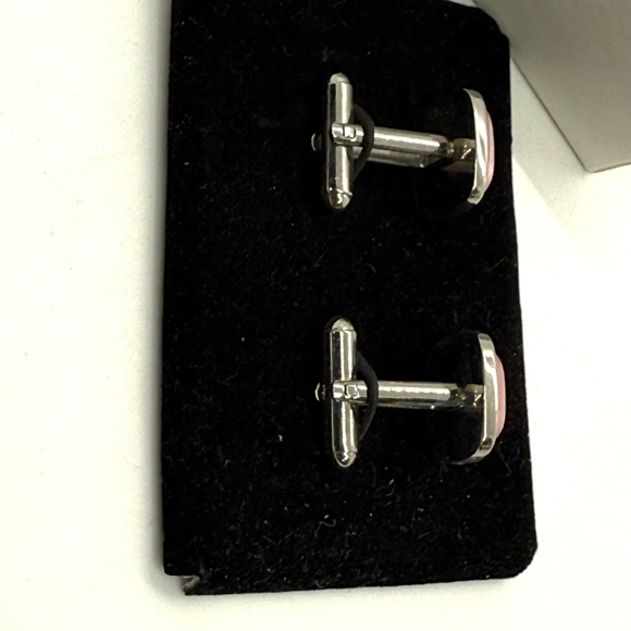 Meier & Frank Vintage Square Pink Cabochon Stone Silver Tone Cufflinks in Box - Picture 3 of 5